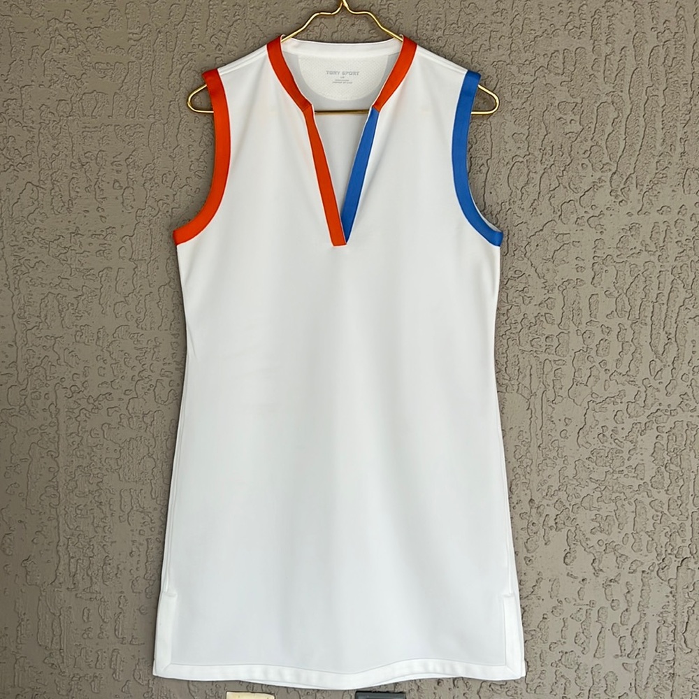 Tory Burch White Sleeveless Shift Dress with Orange and Blue Trim